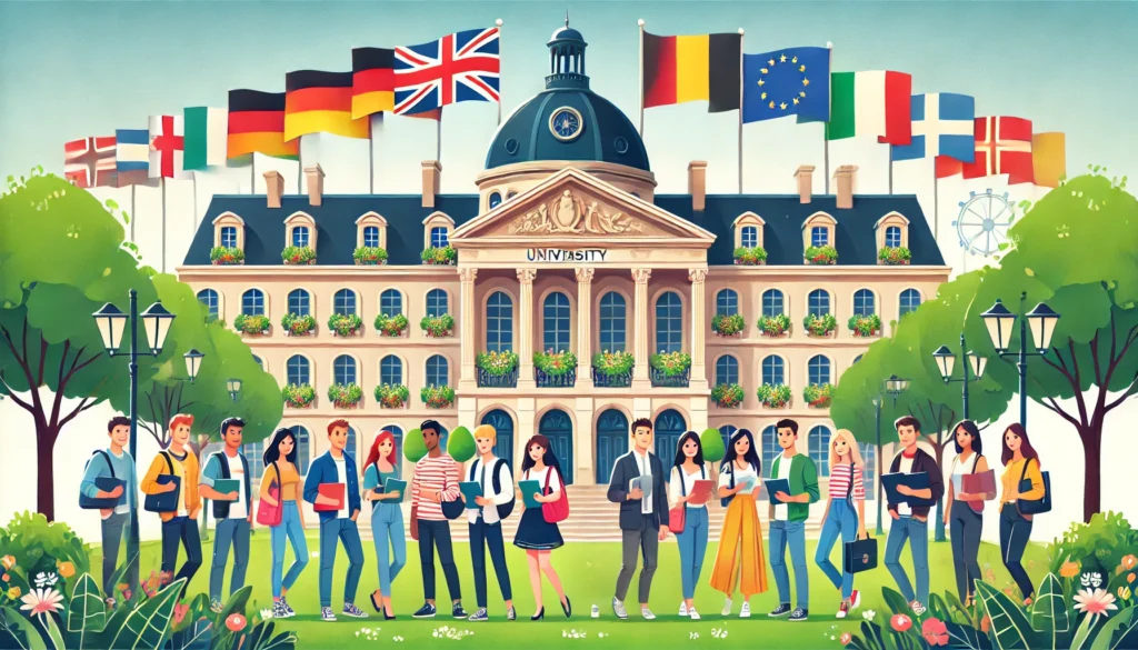 group of international students in front of a grand European university