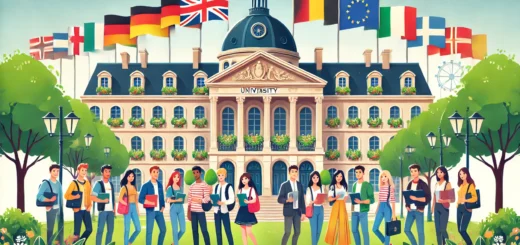 group of international students in front of a grand European university